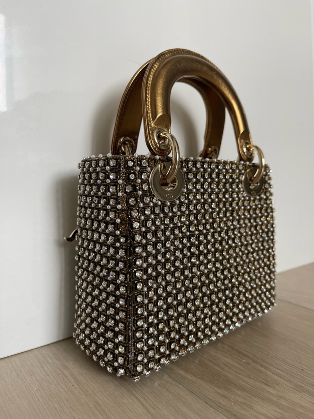 Lady Dior Mini Crystal-Embellished Bag in Gold - Picture 9 of 11